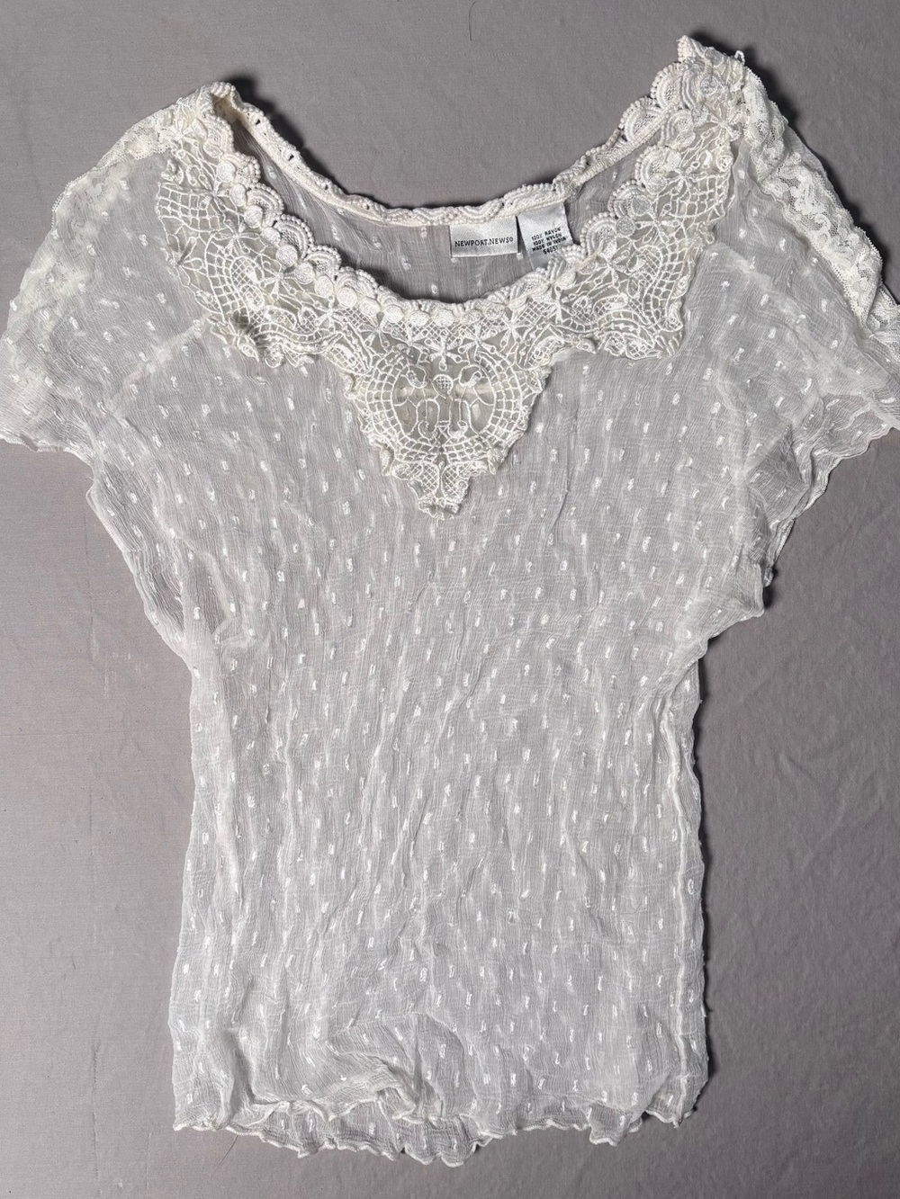 Newport News White Lace-Yoke Dot Sheer Blouse